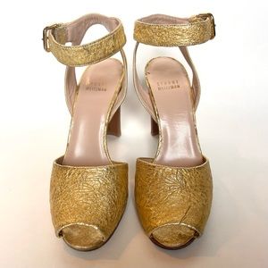 Stuart Weitzman - Gold Heeled Sandal with Ankle Strap, Crackled Leather, Size 7